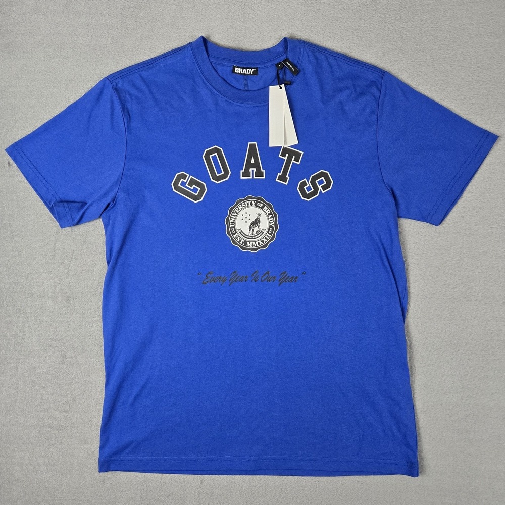 BRADY Brand T-shirt Mens Small 100% Cotton GOATS University‎ Football Blue NWT